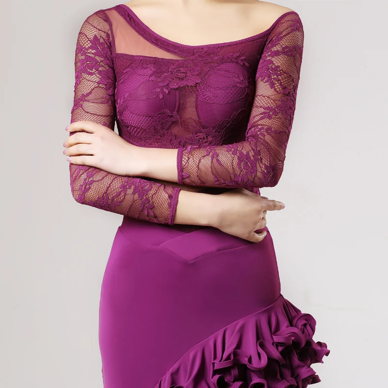 Женские топы для латиноамериканских танцев черное кружевное трико укороченный