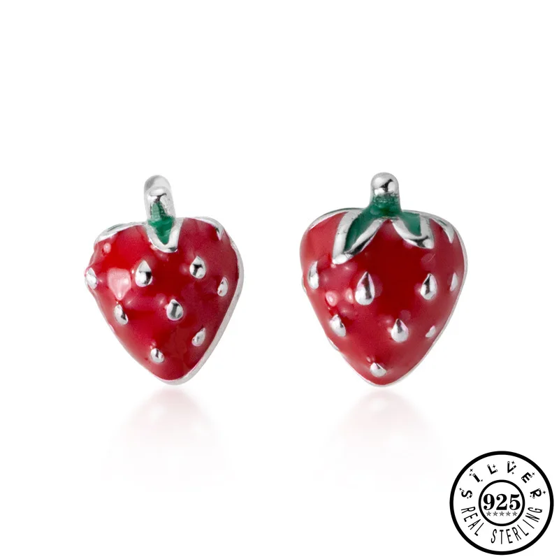 

100% 925 Sterling Silver Sweet Red Strawberry Shape Ear Stud Earrings Cute Earings Jewelry Gifts for Women Girls