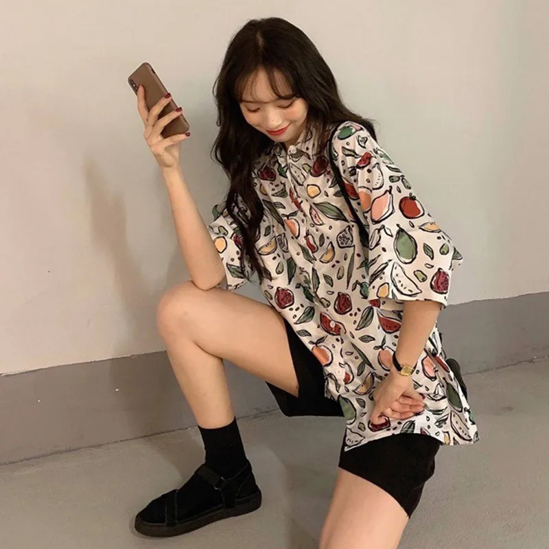 

ROPALIA Vintage Hawaii Print Button Blouses Harajuku Female Blouses Tops Women Loose Summer Shirt