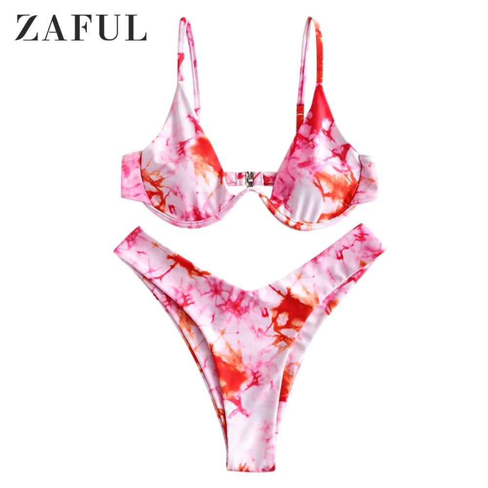 Женский купальник ZAFUL бикини с завязками и краской на косточках высокой талией