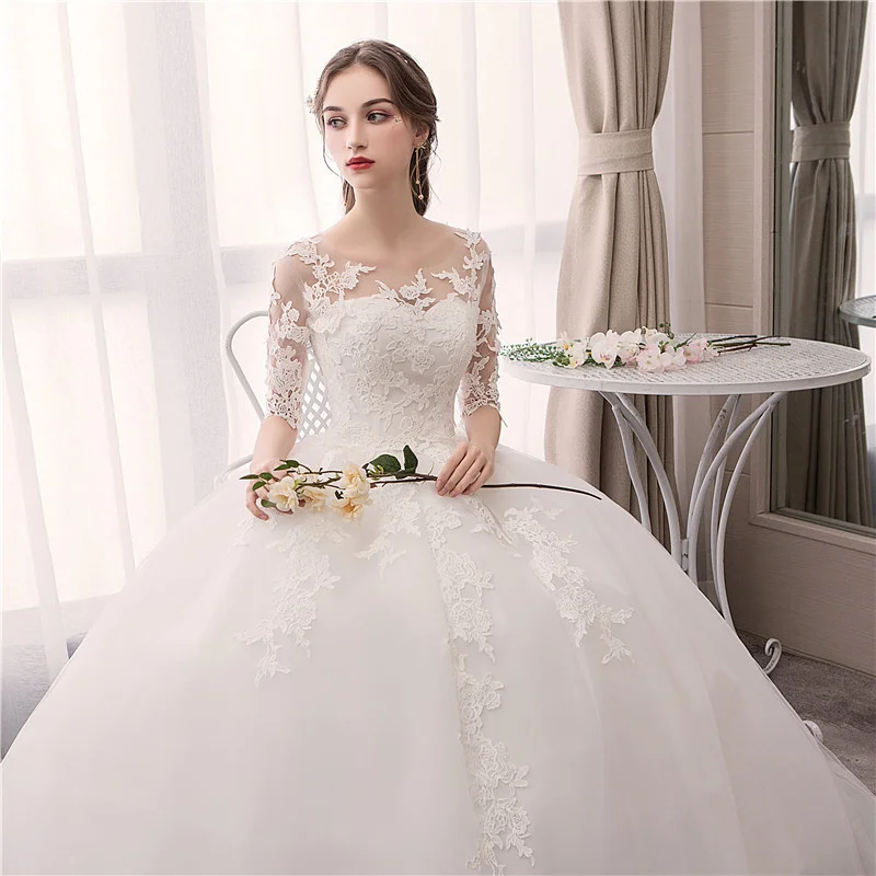 

Wedding Dress New Wedding Bride Off White Belt Lace Neat Wedding Dress Fashion Round Neck Is Thin And Elegant Vintage