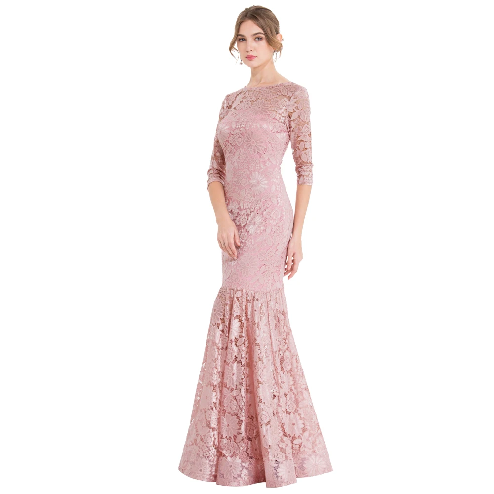 Angel-Fashion, женские прозрачные кружевные вечерние платья с 3/4 рукавами, Вечерние Платья с цветочным рисунком, платье русалки, светильник, розовый, 416
