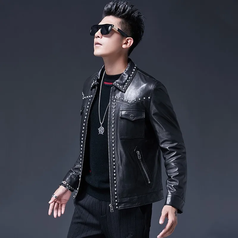 Luxury Designer Mens Sheepskin Genuine Leather Punk Rivet Jacket Slim Fit Beading Motor Biker Coats Chaqueta Cuero Hombre 4XL | Мужская