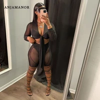 anjamanor sheer mesh long sleeve 4 piece shorts sets sexy club outfits for women matching sets black white wholesale d35 ce26