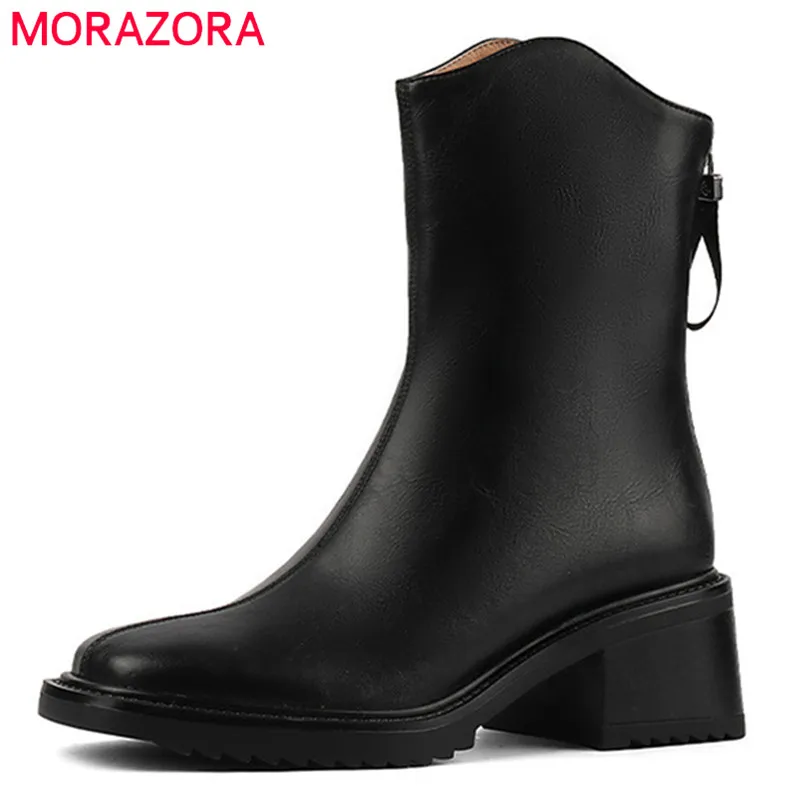 

MORAZORA 2022 Newest Autumn Winter Boots Women Genuine Leather Ankle Boots Zip Square Toe High Heels Shoes Women Boots Black