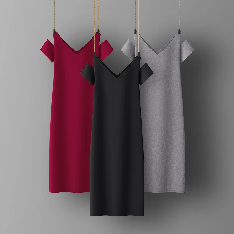 

Woman Summer Dress Short Sleeve V-neck Woman's Clothing Black Mid-Cafe Pullover Lady Dresses