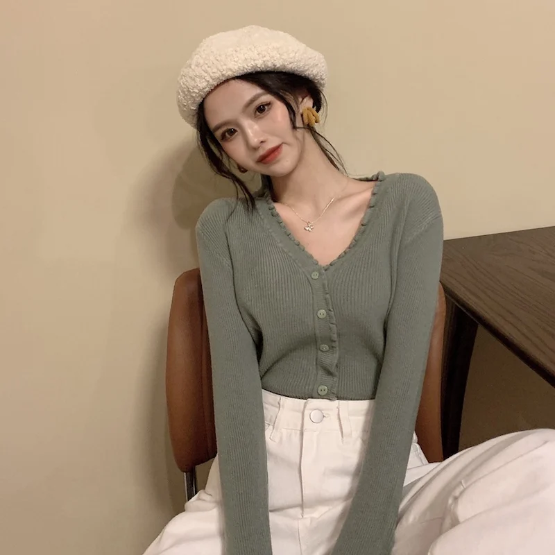 

Knitted Sweater Women New Korean Clothes V-neck Autumn Winter Long Sleeve Slim Solid Tops Female Cardigans Fashion Brand