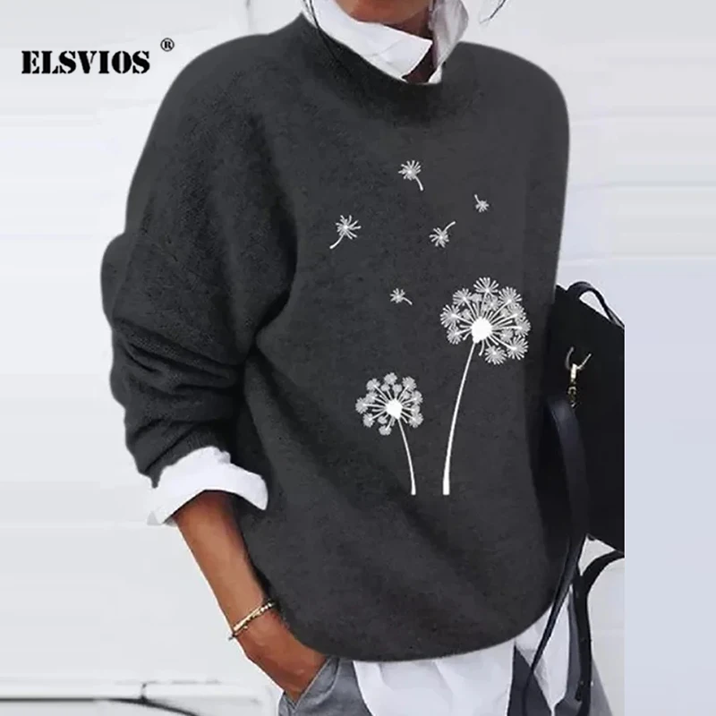 

Fashion Casual O Neck Dandelion Print Knitted Top Women Fall Winter Loose Long Sleeves Warm Loose T-shirt Elegant Slim Pullovers