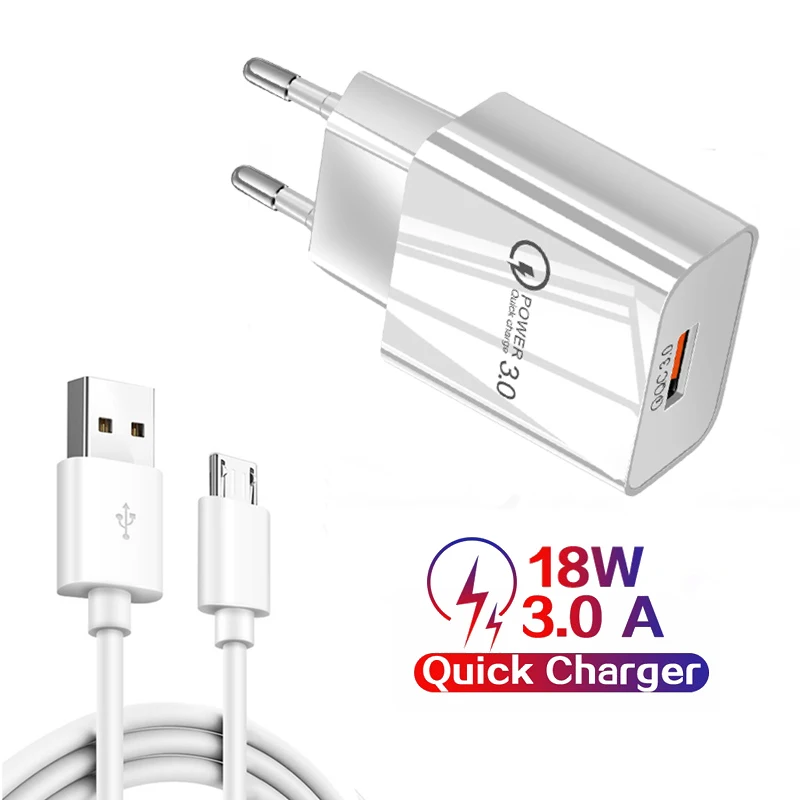 Micro USB Cable QC 3.0 Fast Phone Charger For Huawei Y5P Y6P Y7P Redmi 9A 9C 7A 6A 5A 4A Note 6 5 Pro 4X 18W EU Travel Wall Plug