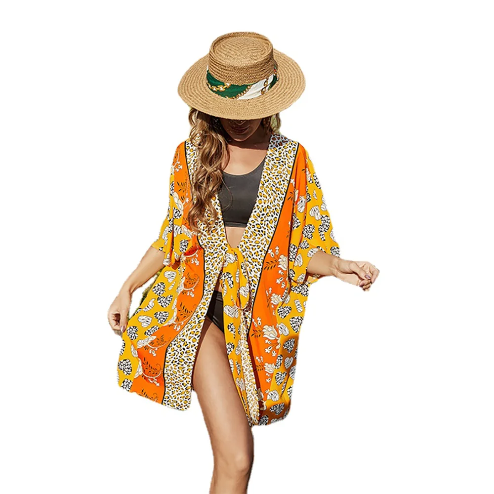 

Y406 Summer Sunscreen Cardigan Sexy Split Casual Casual Tie Half-sleeved Printed Jacket Swimsuit Bikini Loose Blouse