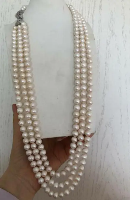 ?? トリプルストランド9-10ミリメートル南洋ラウンドホワイトパールネックレス30-32インチ