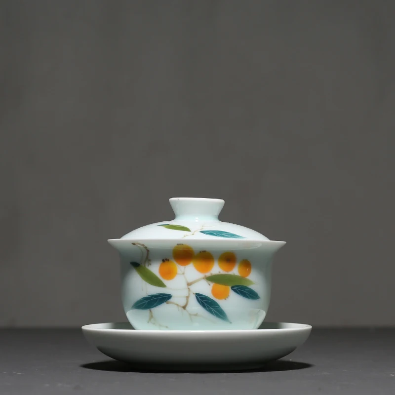 

130ml Hand Painted Loquat Pattern Gaiwan Ceramic Celadon Kung Fu Tea Bowl Teacup Teapots Tea Tureen Drinkware Teaware Home Decor