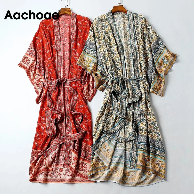 

Aachoae Floral Print Coat Women Japan Style Long Jacket With Belt V Neck Batwing Sleeve Loose Thin Outerwear Summer Beach Tops