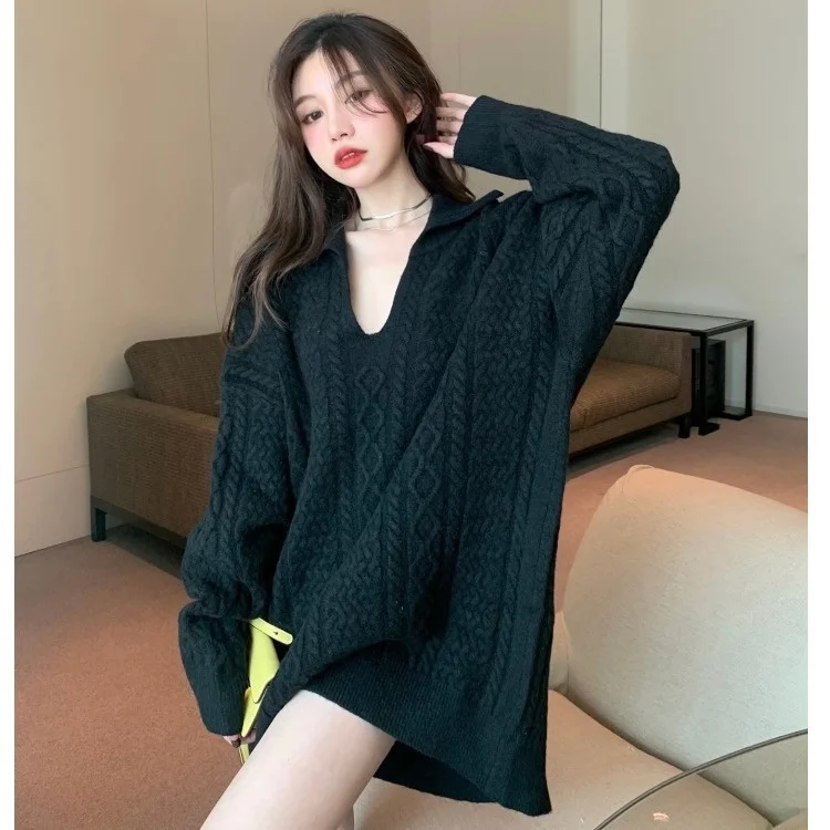 

Lapel Twist Sweater Coat Women's Autumn Winter Loose Korean Casual V-neck Lazy Knit Top X922a