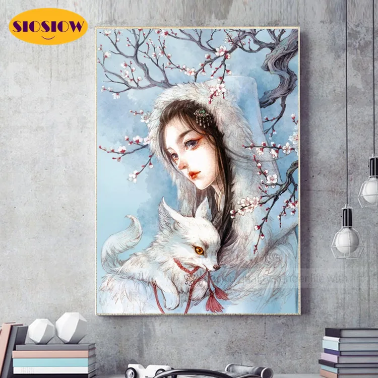 SIOSIOW 5d Алмазная мозаика для творчества вышивка аниме Девочка и лиса 3d алмазная