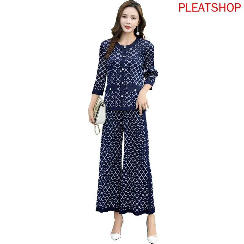 

Two-Piece Set Autumn New Women's Elegant Pearl Buckle Corrugated Elastic Wide-Leg Pants Suit Dresy Damskie Trousers Set