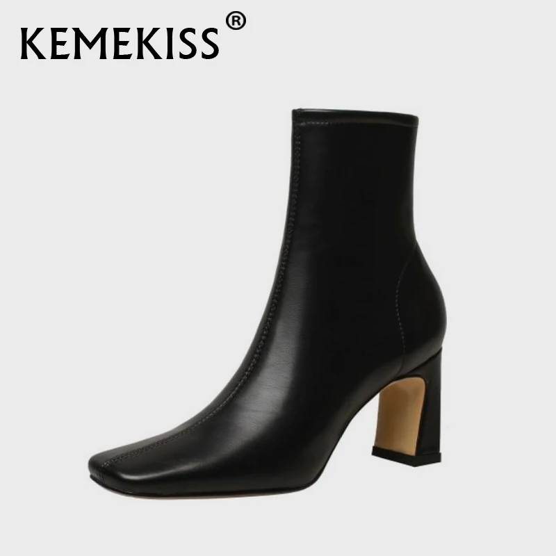 

KemeKiss Size 33-40 New Women Fashion Ankle Boots Square Toe Zipper Tihck High Heels Solid Stretch Boots Daily Female Footwear