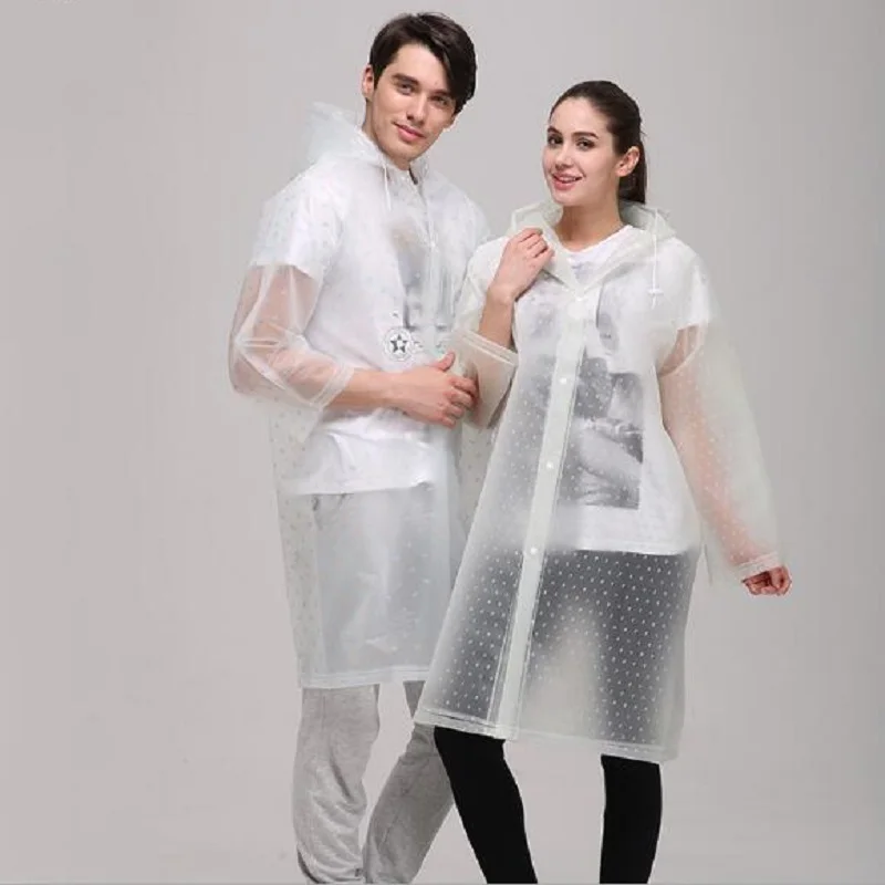 Женский длинный прозрачный дождевик водонепроницаемый с капюшоном из ЭВА