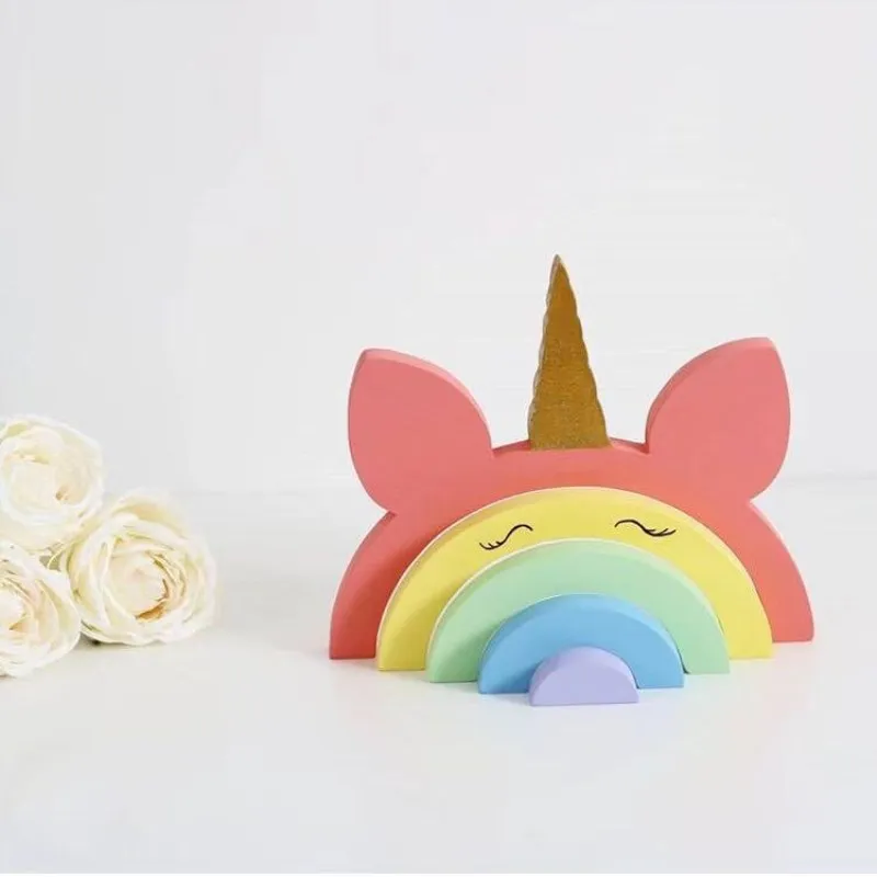 

INS Wooden Rainbow Unicorn Panda Building Blocks Children Room Decoration Ornaments Wood Educational Toys Kids Gifts Photo Props