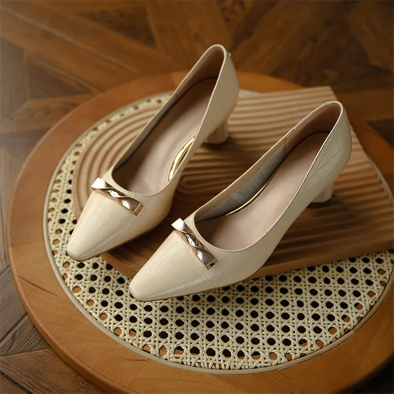 

ANNYMOLI Pumps Women Bow Real Leather Mid Heel Shoes Pointed Toe Dress Shoes Chunky Heels Lady Fashion Footwear Spring Beige 40