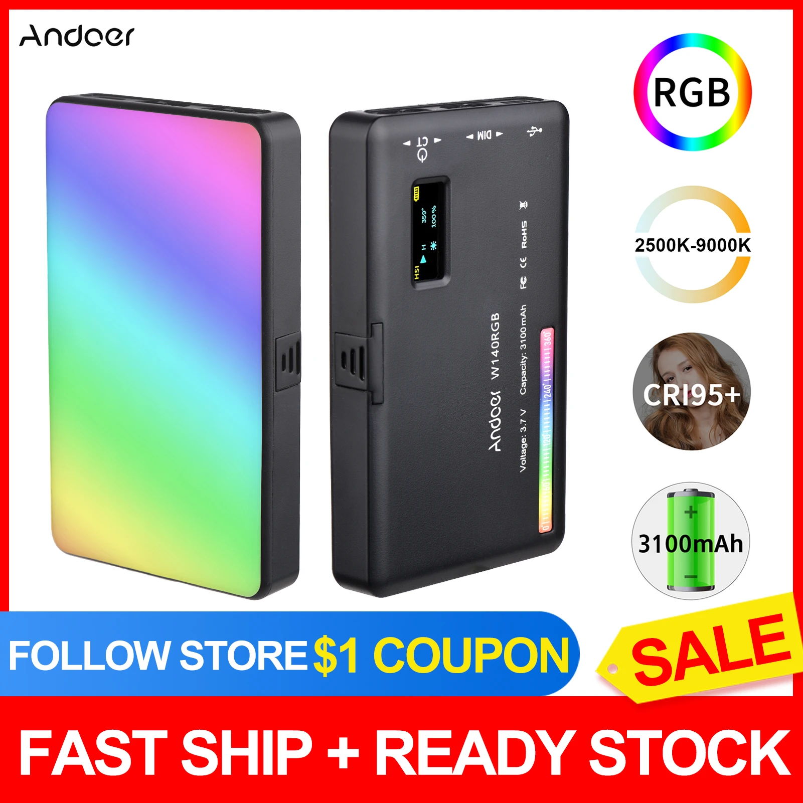 Andoer W140 RGB светодиодный видео светильник Перезаряжаемые заполняющий CRI95 + 2500K-9000K 20