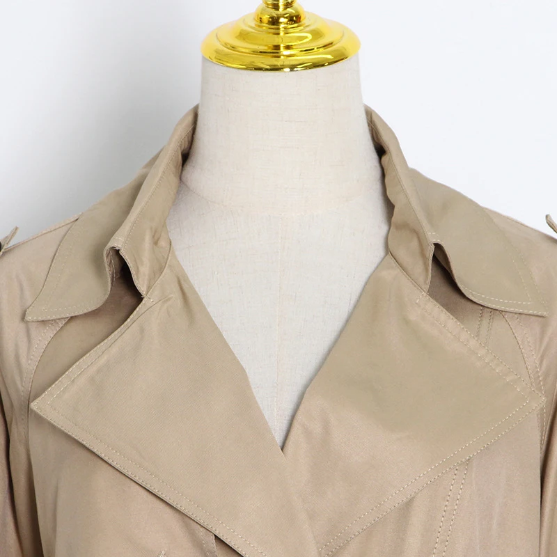 

GALCAUR Solid Windbreaker For Women Lapel Long Sleeve Loose Lace Up Pockets Woven Khaki Windbreakers Female 2021 Autumn Clothing