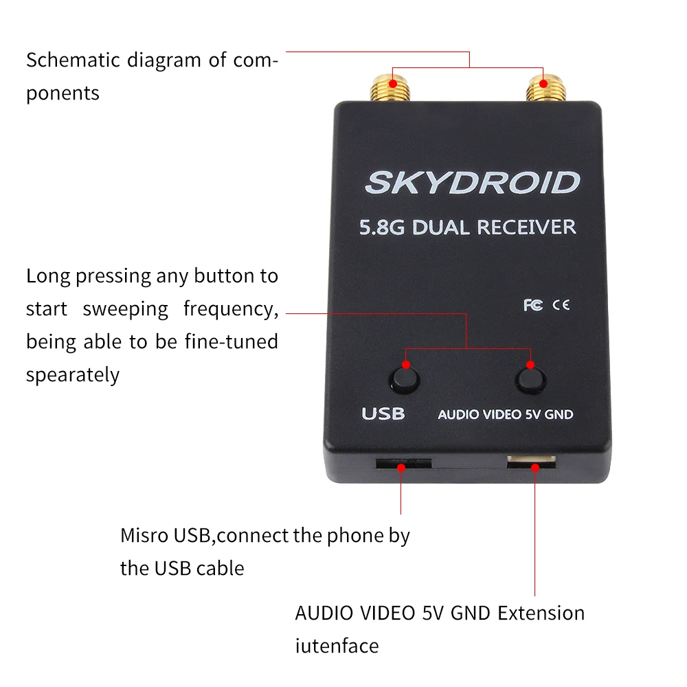 Приемник управления двойной антенной Skydroid UVC OTG 5 8G 150CH полноканальный FPV приемник