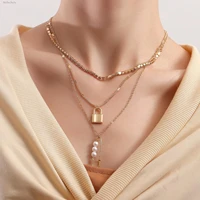 trendy pearl pin padlock multilayer pendant necklace punk hip hop gold diamond sweater chain ladies party accessories