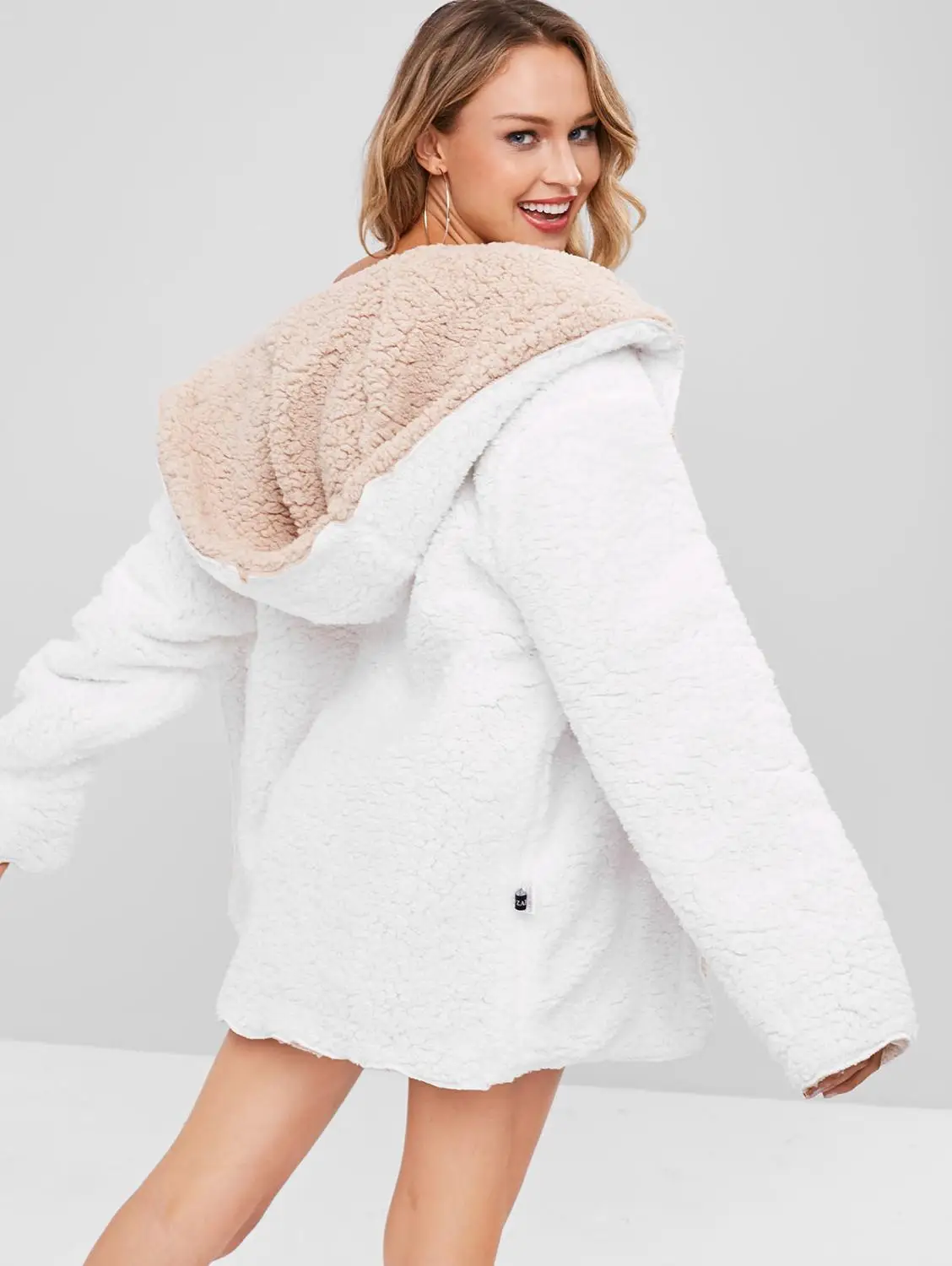 Женское Двухслойное пальто ZAFUL из овечьей шерсти с капюшоном и петлей зимнее