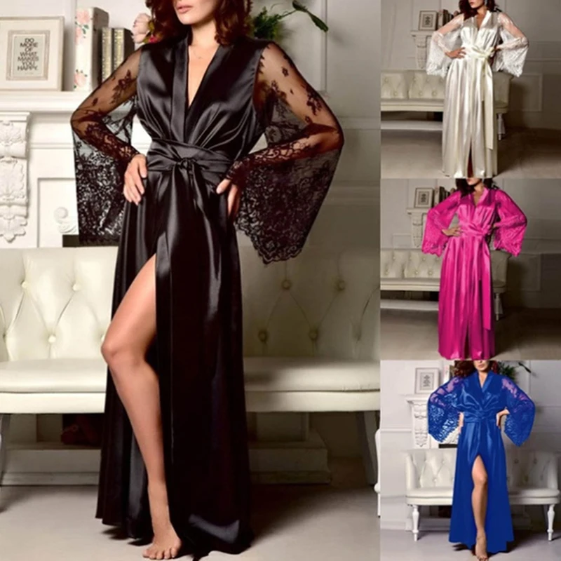 

Women Long Sleeve Silk Sleepwear Nightgown Set Sexy Perspective Mesh Sleeve Splice Robe Nightdress Sleepwear Autumn Clothing