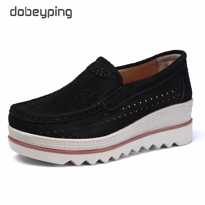 Summer Women's Shoes Breathable Hollows Flat Platform Ladies Sneakers Female Cow Suede Leather Loafers Woman Wedges Slip On Shoe