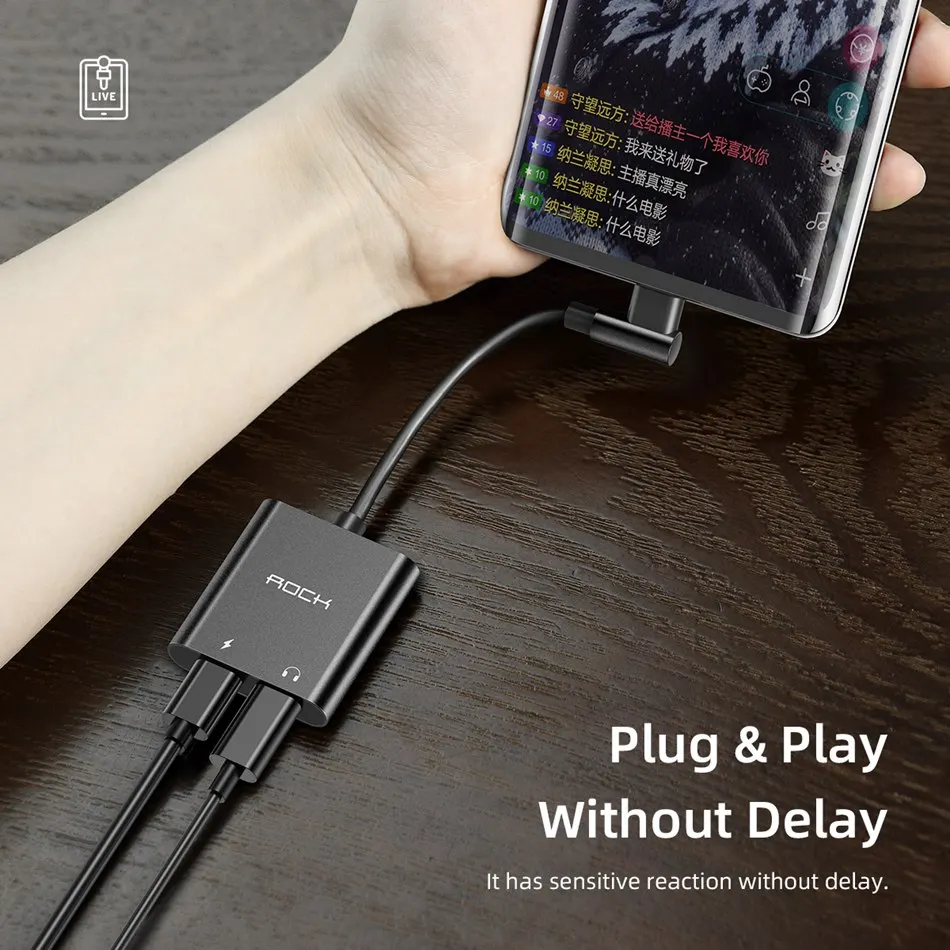 ROCK 2 в 1 двойной разъем type-C адаптер 60 Вт PD 3A Быстрая зарядка USB C наушники Aux разделитель для аудиокабеля конвертер для мобильных телефонов