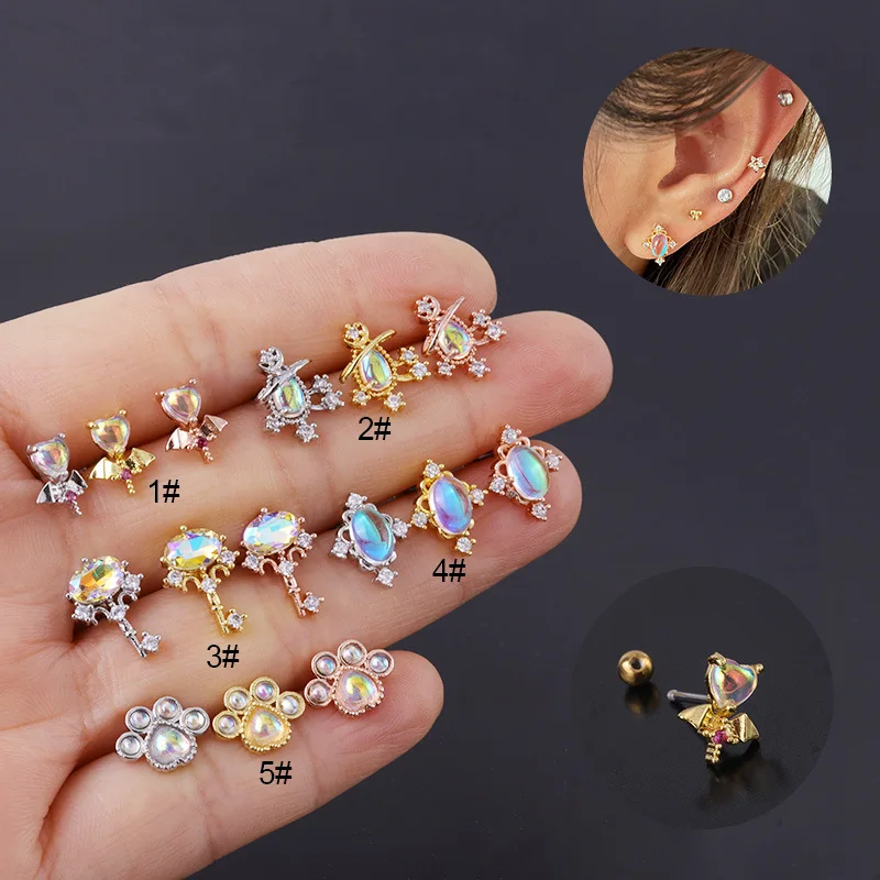 

1PC 20G Stainless Steel Cz Moonstone Paw Tragus Cartilage Helix Stud Earring Conch Rook Daith Lobe Ear Screw Piercing Jewelry