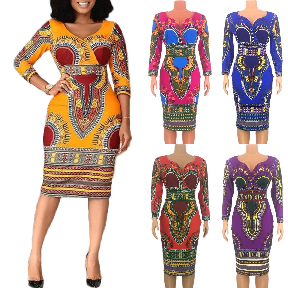 

African ethnic style three-quarter sleeve V-neck dress,mid-length tight skirt,one-step skirt,sexy hip skirt, y2k dress dresses