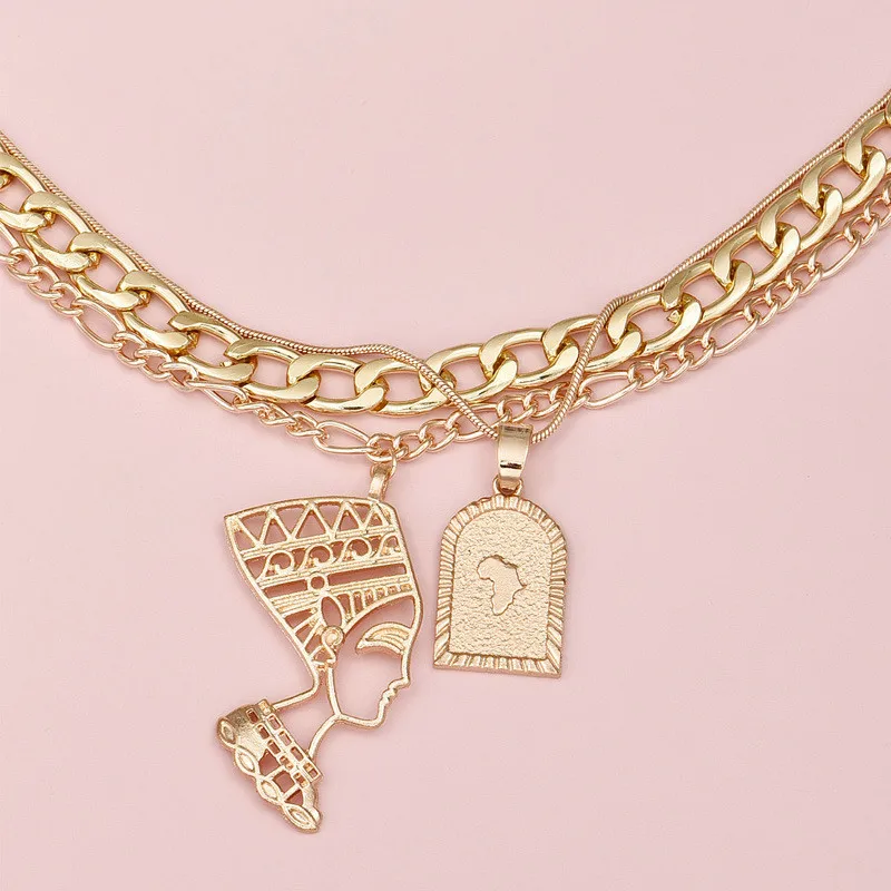 Trendy Punk Multilayer Pharaoh Portrait Coin Pendant Necklace Women Gold Color Figaro Chain Statement Fashion Jewelry | Украшения и