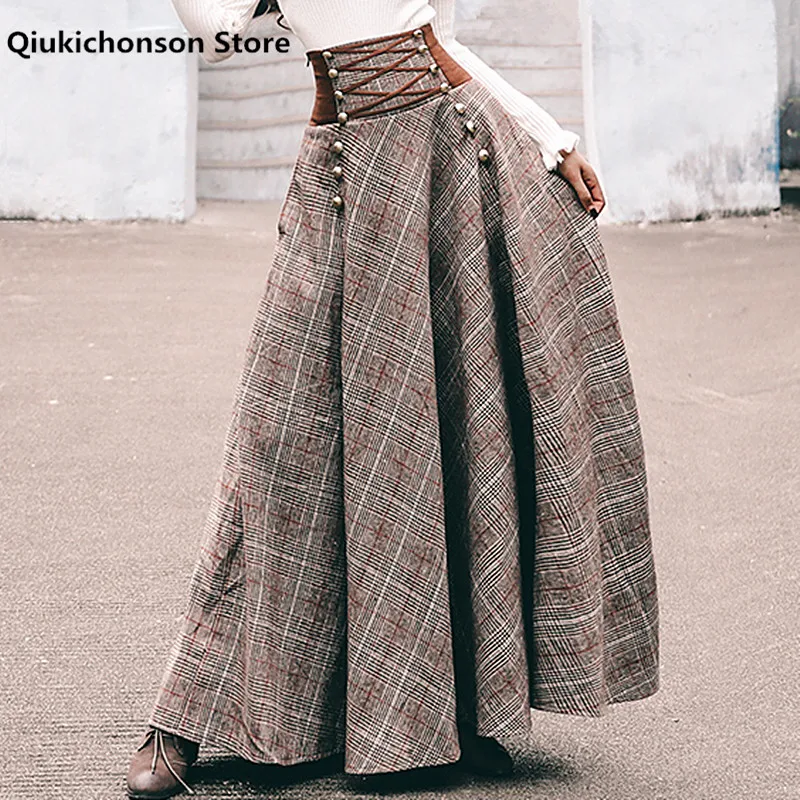 French Chic Vintage High Waisted Button Design Back Lace-Up Corset Skirt Women Autumn Winter Thick A-Line Long Maxi Wool Skirts
