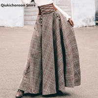 french chic vintage high waisted button design back lace up corset skirt women autumn winter thick a line long maxi wool skirts
