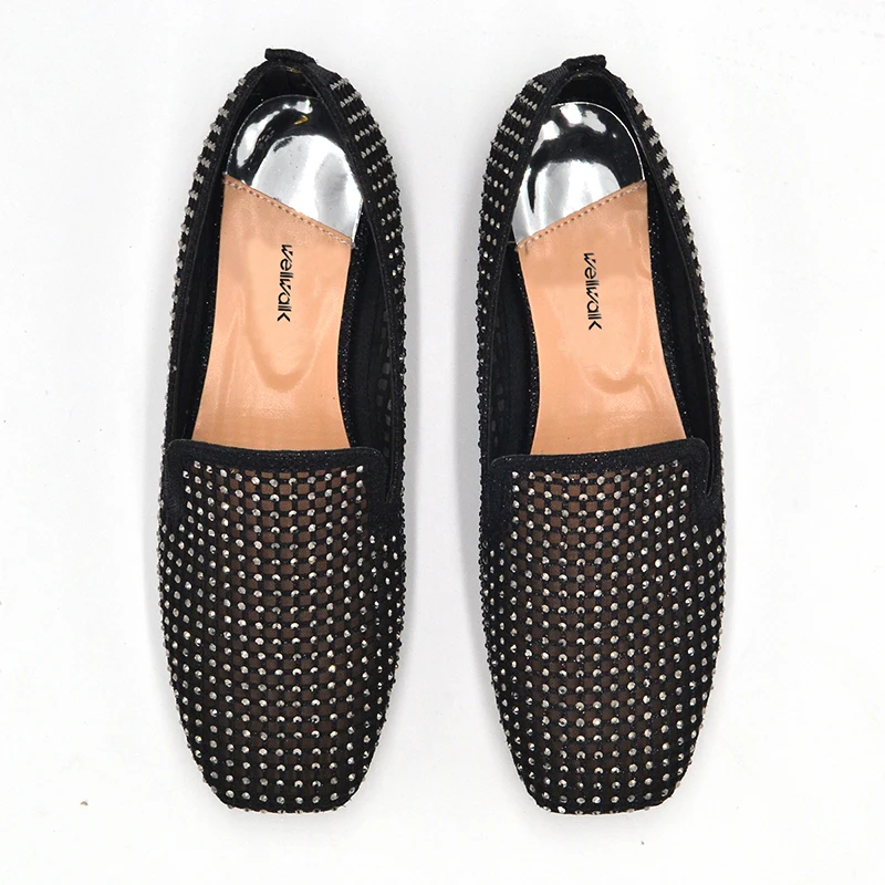 Wellwalk/черная блестящая обувь женские балетки на плоской подошве со стразами