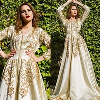 luxury ivory moroccan caftan evening dresses full sleeves beaded golden appliques muslim saudi arabia formal gown prom dress
