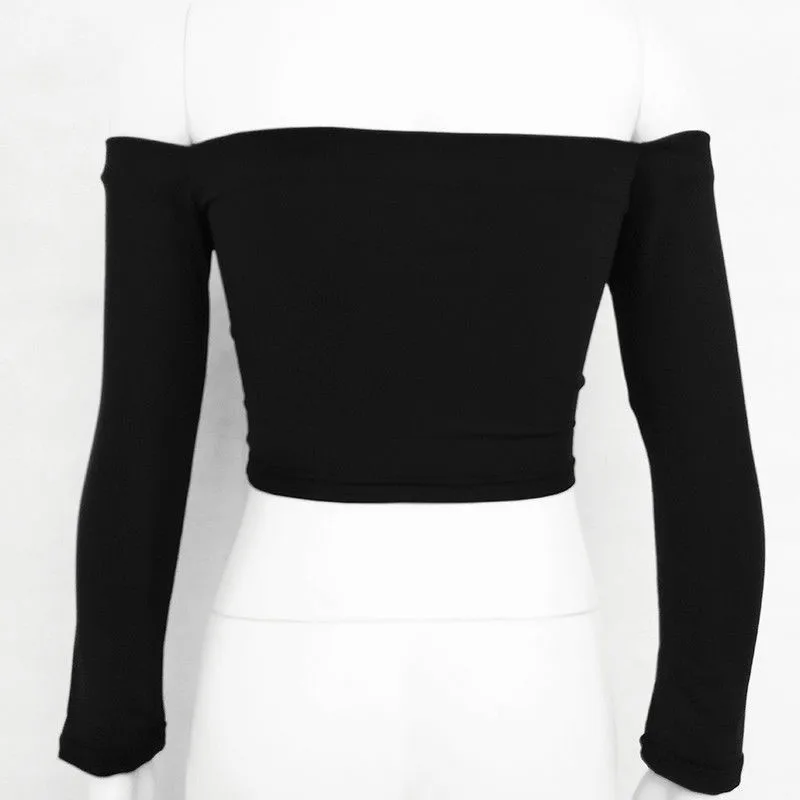 Сексуальная футболка с открытыми плечами женские кроп-топы Осенние облегающие