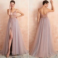 sexy backless spaghetti straps evening dresses v neck beading vestidos de noche formal prom gowns side slit robe de soir%c3%a9e femme
