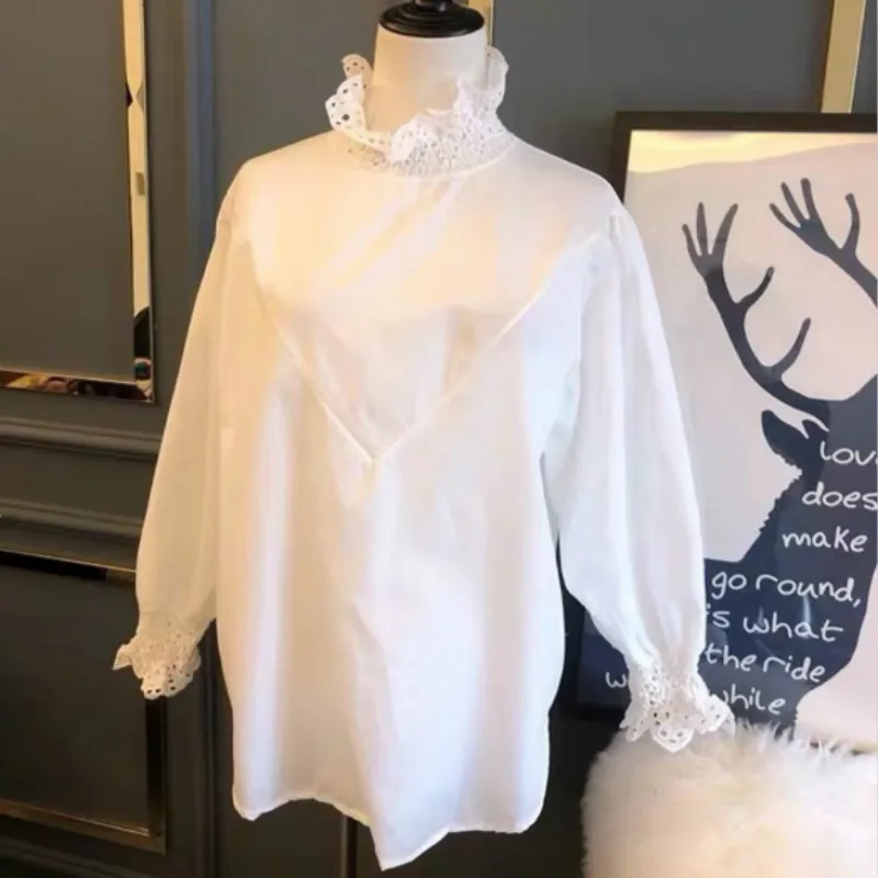 Женская блузка с рукавом фонариком тонкая Свободная кружевной строчкой