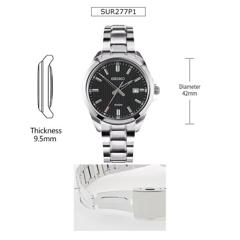 SEIKO Официальный продукт часы Мужские Простые кварцевые часы бизнес тренд мужские часы водонепроницаемые мужские наручные часы - Цвет: SUR277P1 black