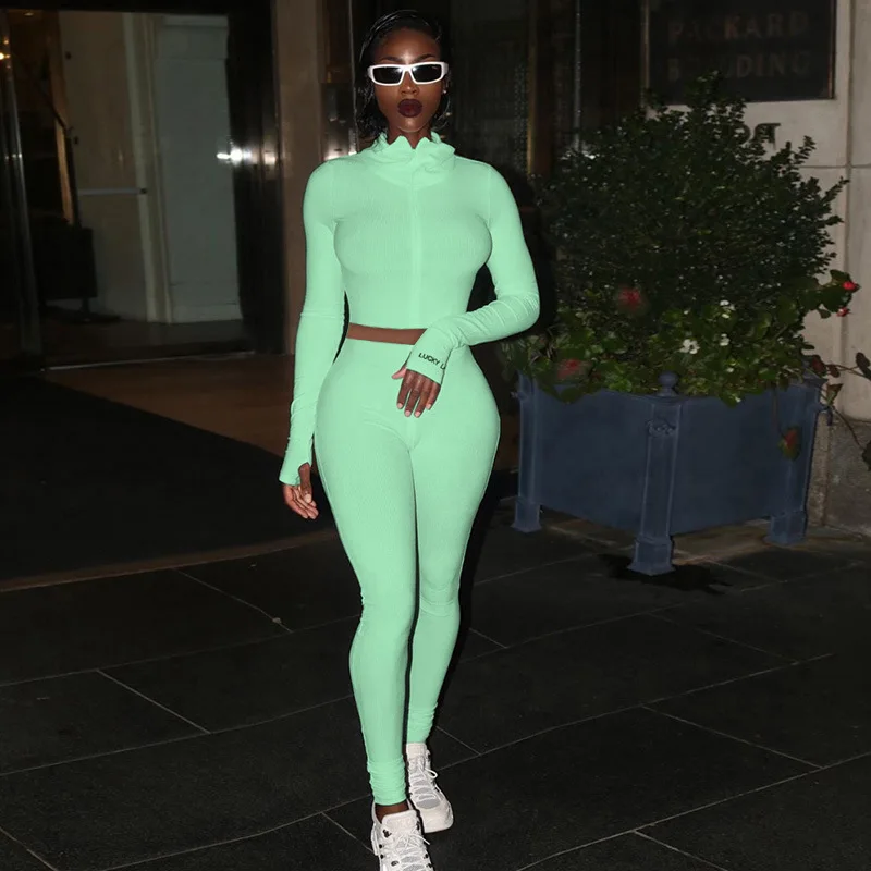 

Women Sport Two Piece Set Casual solid Long Sleeve Crop Tops Tee Bikers Pants Suit Outfit Joggers Tracksuit Matching Set