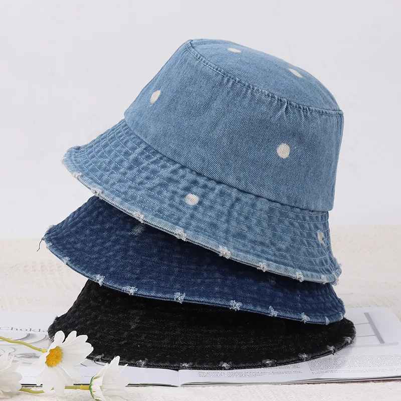 

Панама женская из мытого хлопка, Повседневная Уличная шапка с принтом в горошек, однотонная, для рыбаков