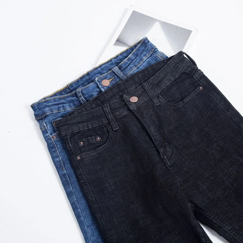 Корейские женские джинсы хлопковые черные Стрейчевые узкие нестандартные брюки