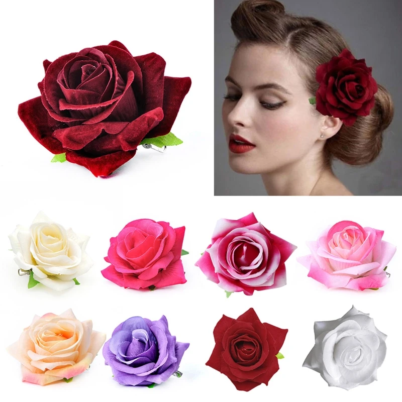 Women Velvet Cloth Rose Hair Clip Simulation Artificial Flower Corsage Brooch Pin Wedding Party Flamenco Dancer Accessories | Красота и