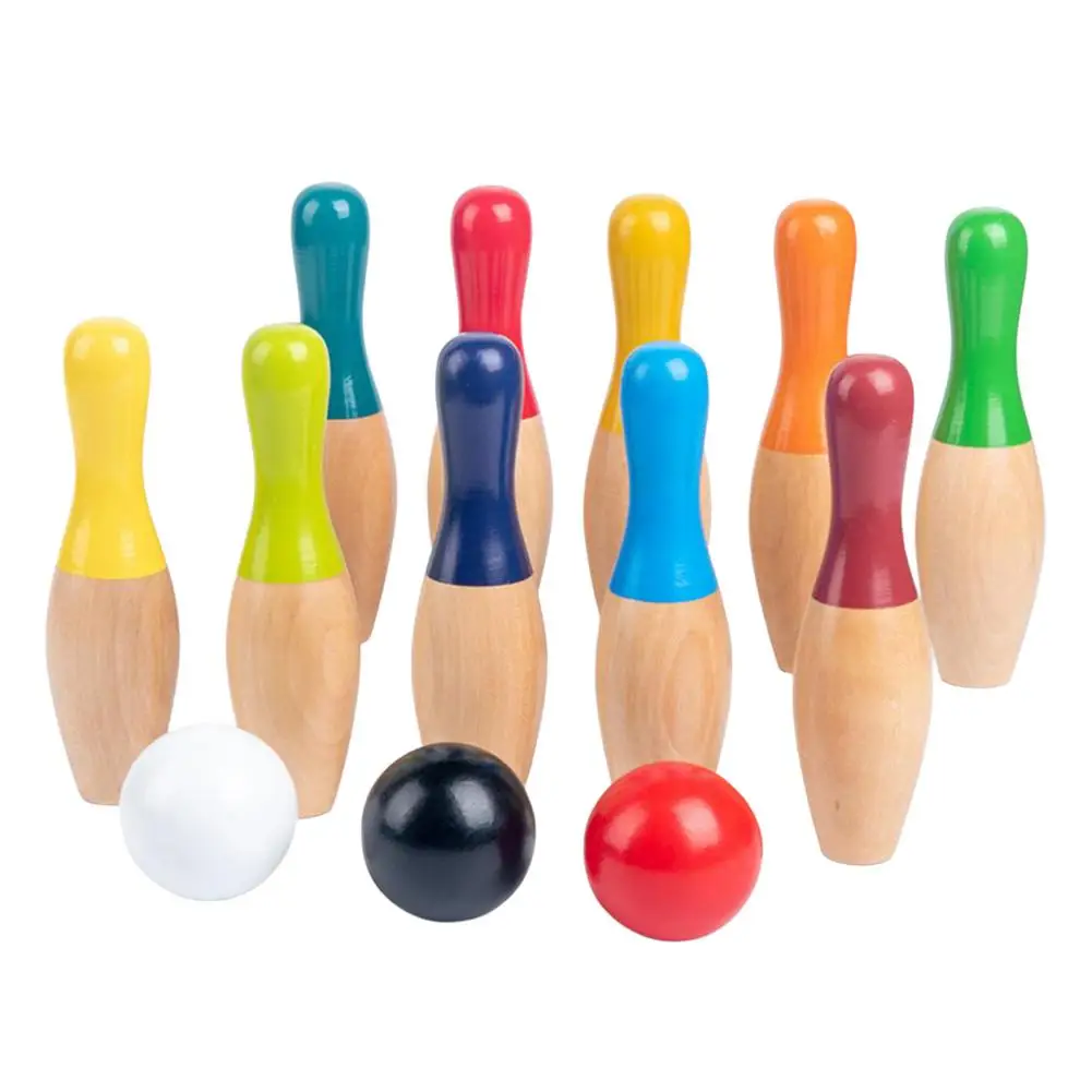 

Kids Wooden Bowling Ball Set With 10 Pins 3 Balls Educational Game Lawn Yard Bowling Games For Family Activities Children's Gift