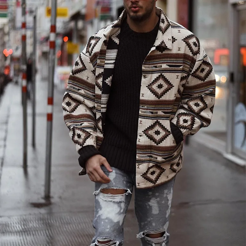 

Autumn and Winter New Casual Men's Jackets Fashion Geometric pattern Printed Lapel Jacket Men Loose Jackets Coats 2020