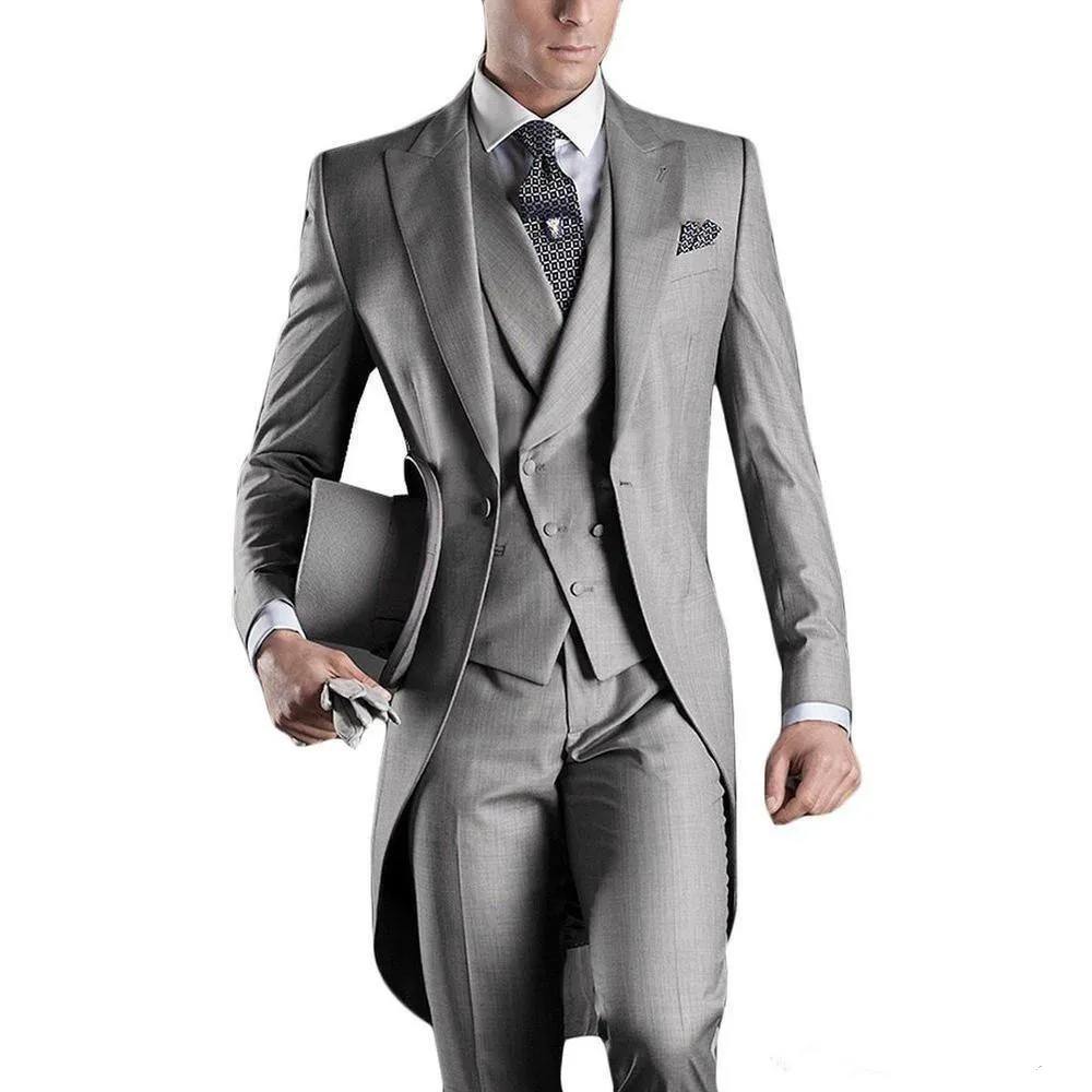 

Custom Made Classic Grey Morning Suits for Men Slim Fit Prom Wedding Groom Tailcoat White Peak Lapel Blazer Vest Pants 3 Pieces